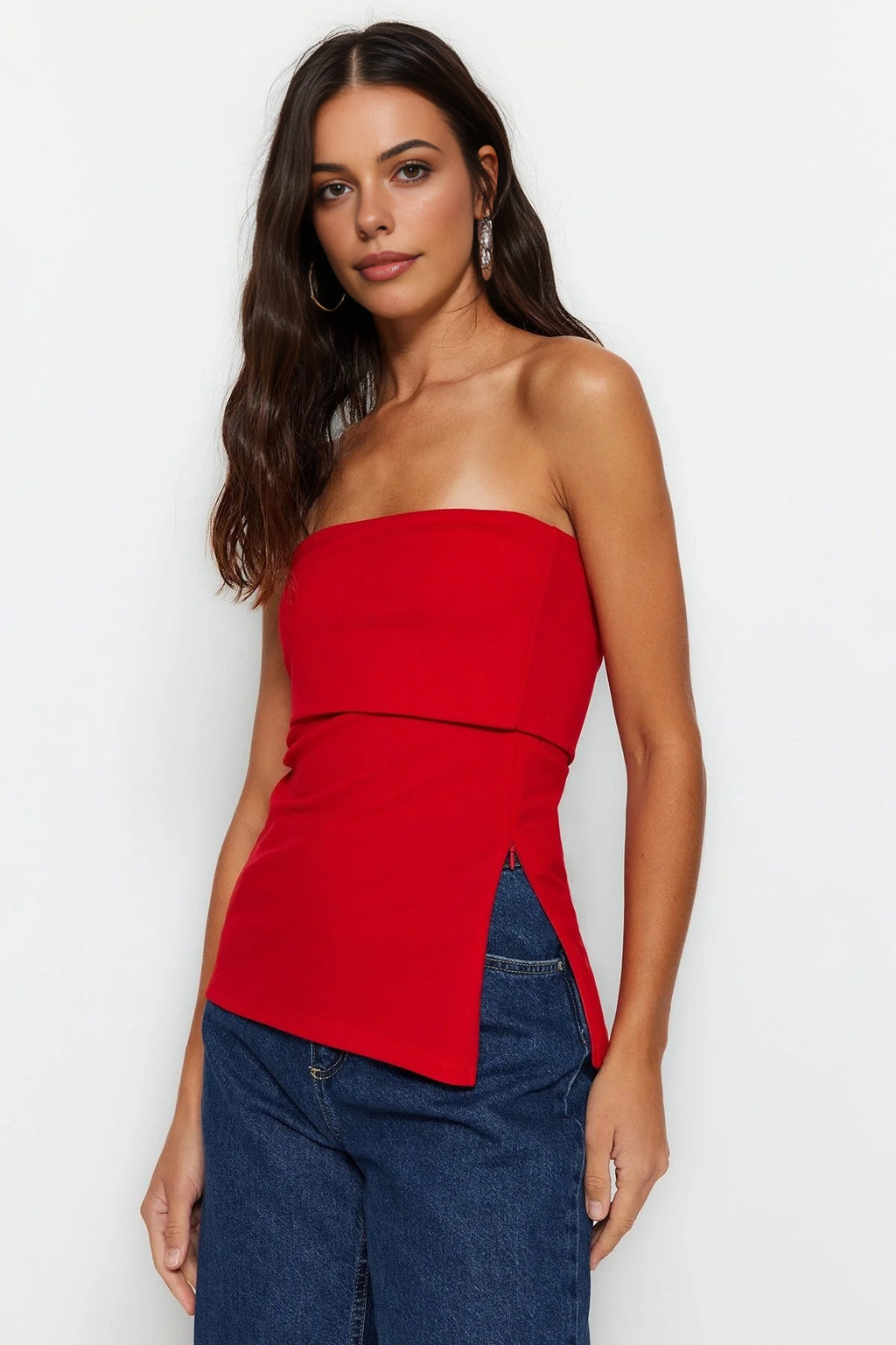 Strapless Neckline Side Zipper Crepe Knit Blouse