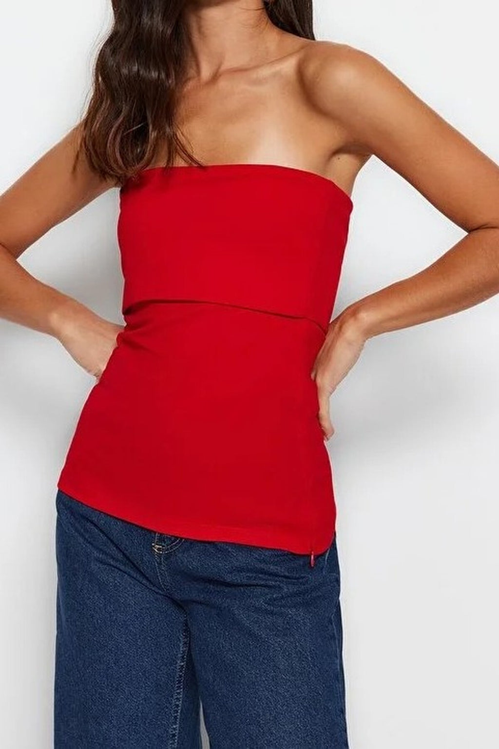 Strapless Neckline Side Zipper Crepe Knit Blouse