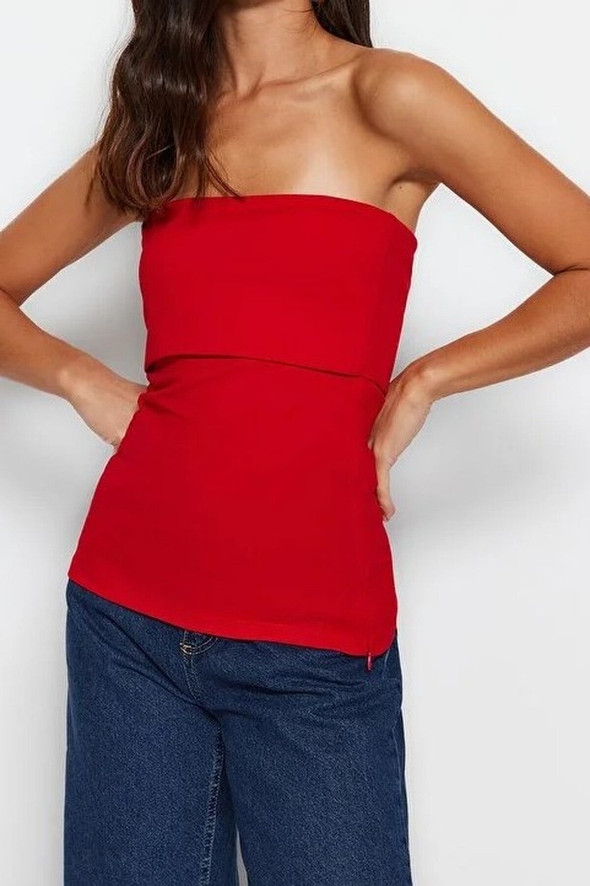 Strapless Neckline Side Zipper Crepe Knit Blouse
