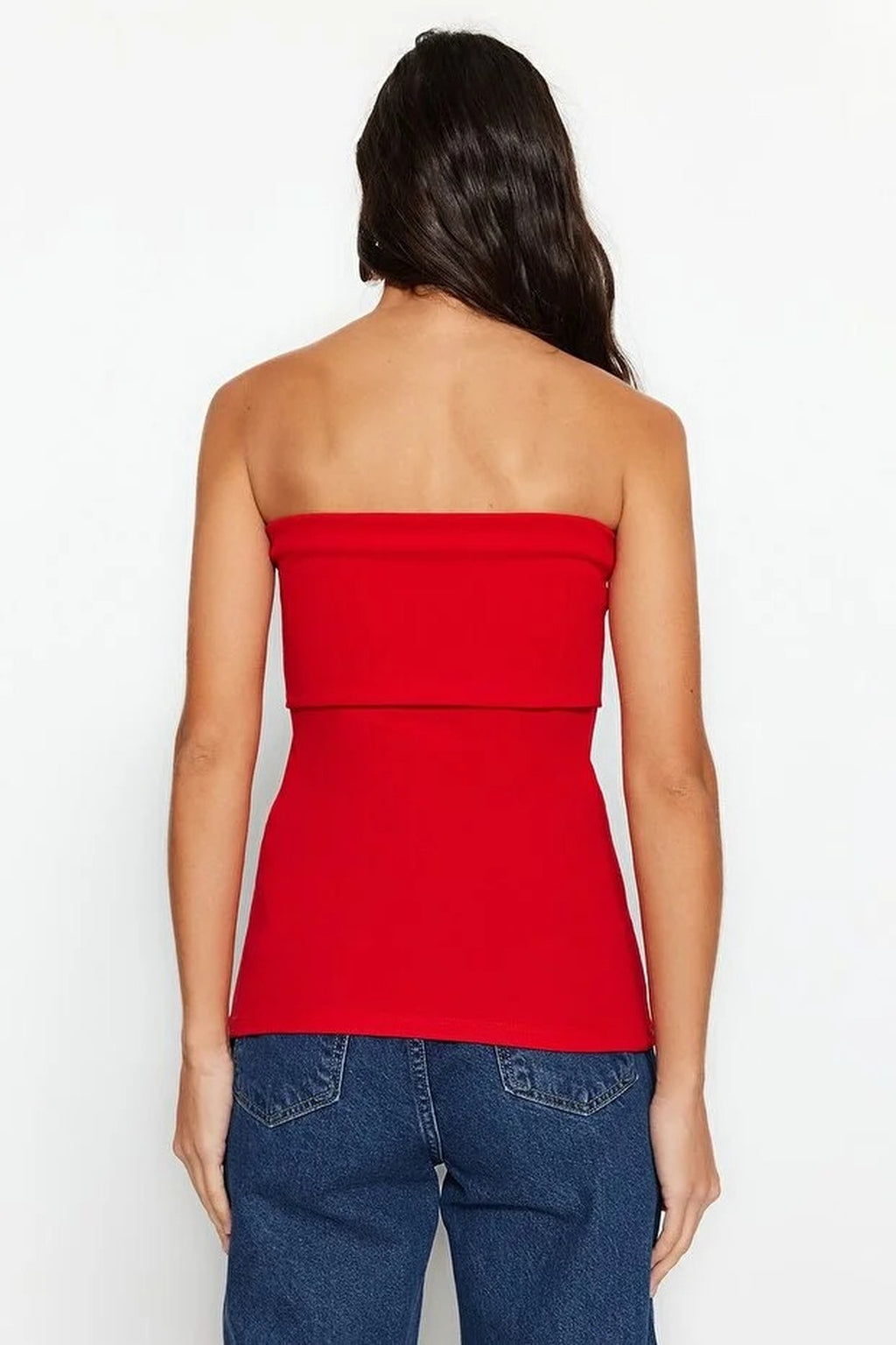 Strapless Neckline Side Zipper Crepe Knit Blouse