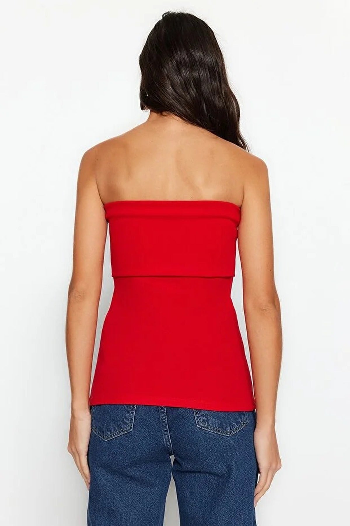 Strapless Neckline Side Zipper Crepe Knit Blouse