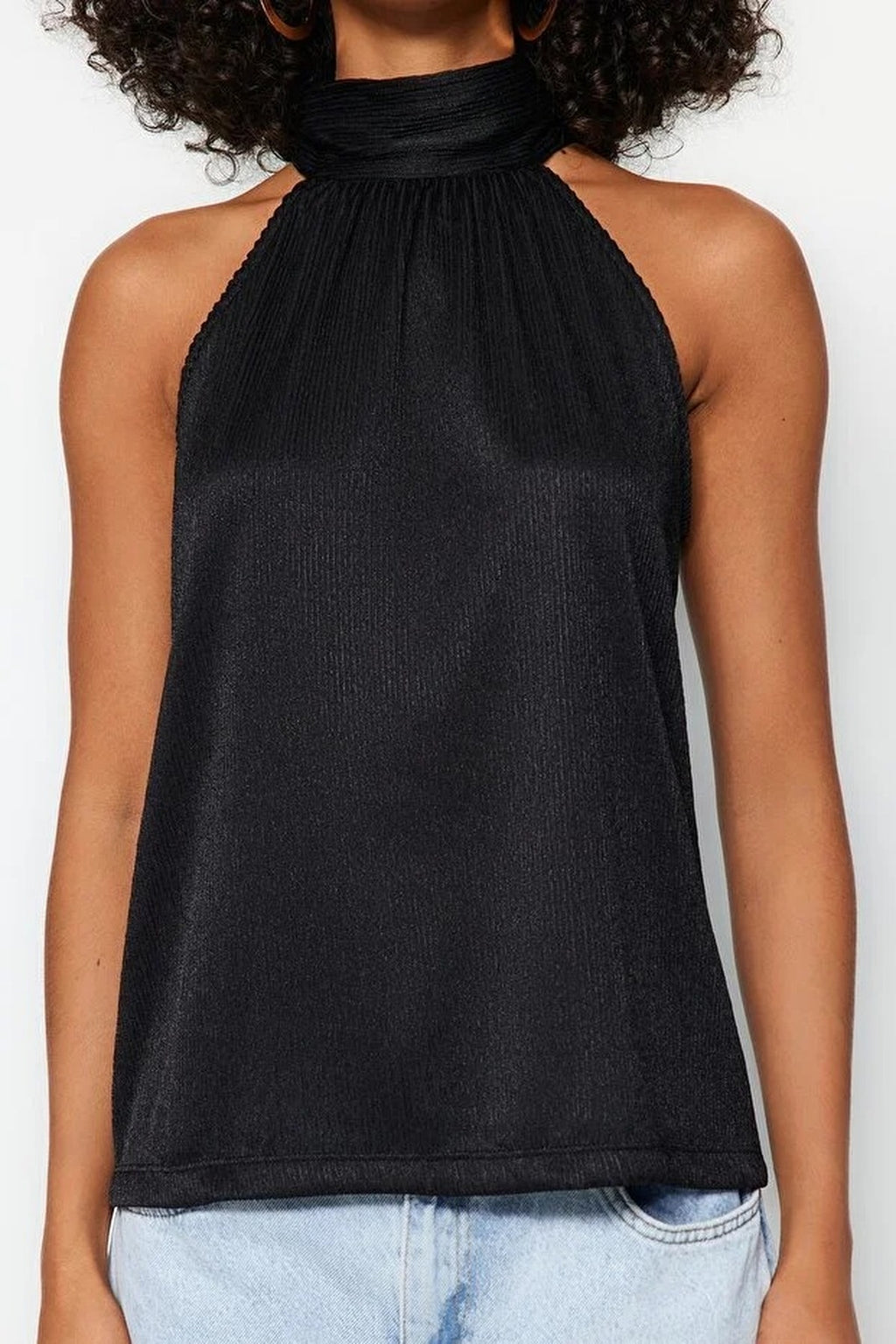 Stand-Up Collar Pleated Stretch Knit Blouse
