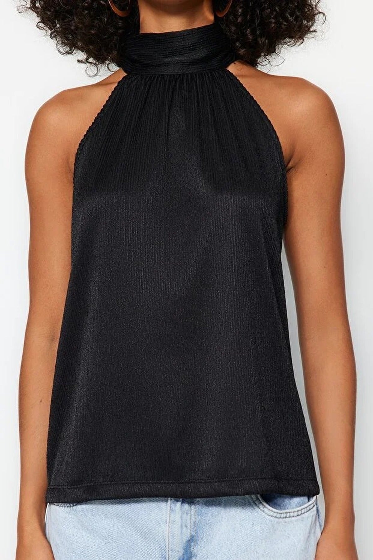 Stand-Up Collar Pleated Stretch Knit Blouse