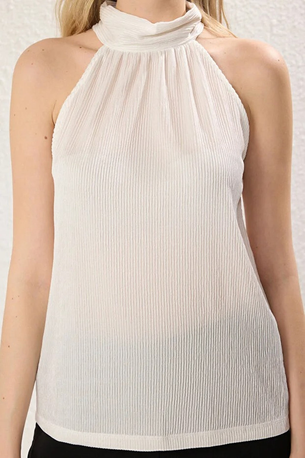 Stand-Up Collar Pleated Stretch Knit Blouse