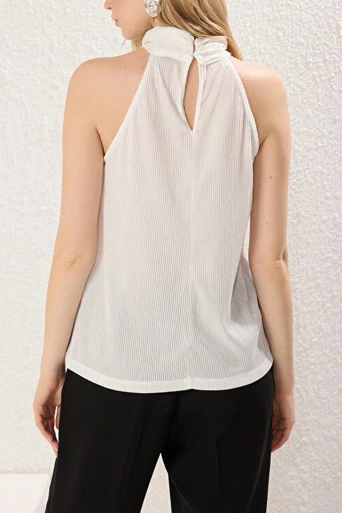 Stand-Up Collar Pleated Stretch Knit Blouse