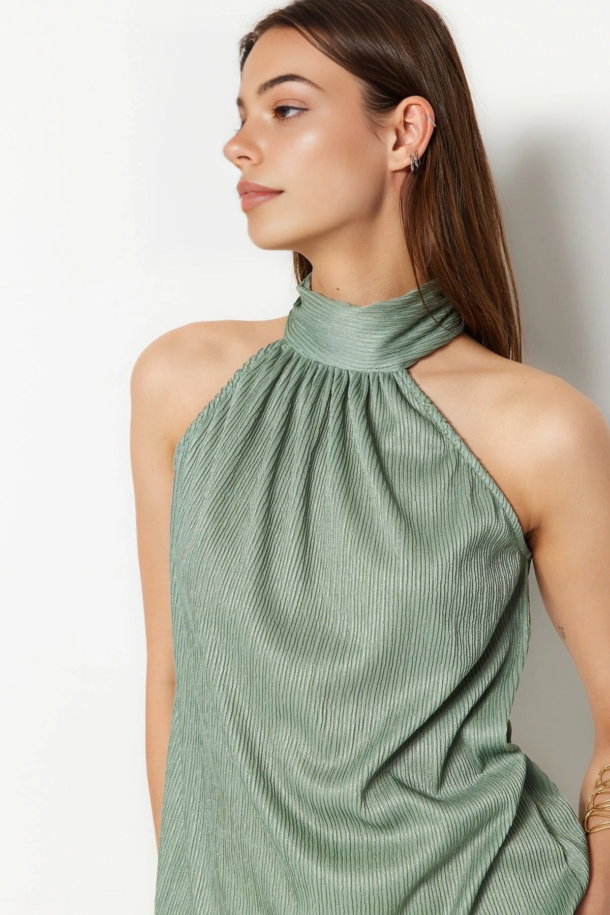 Stand-Up Collar Pleated Stretch Knit Blouse