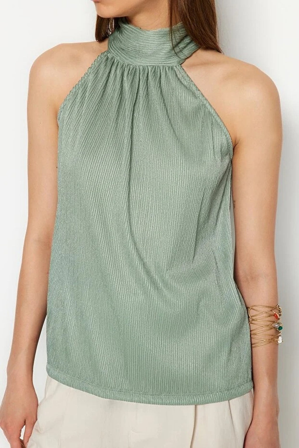 Stand-Up Collar Pleated Stretch Knit Blouse