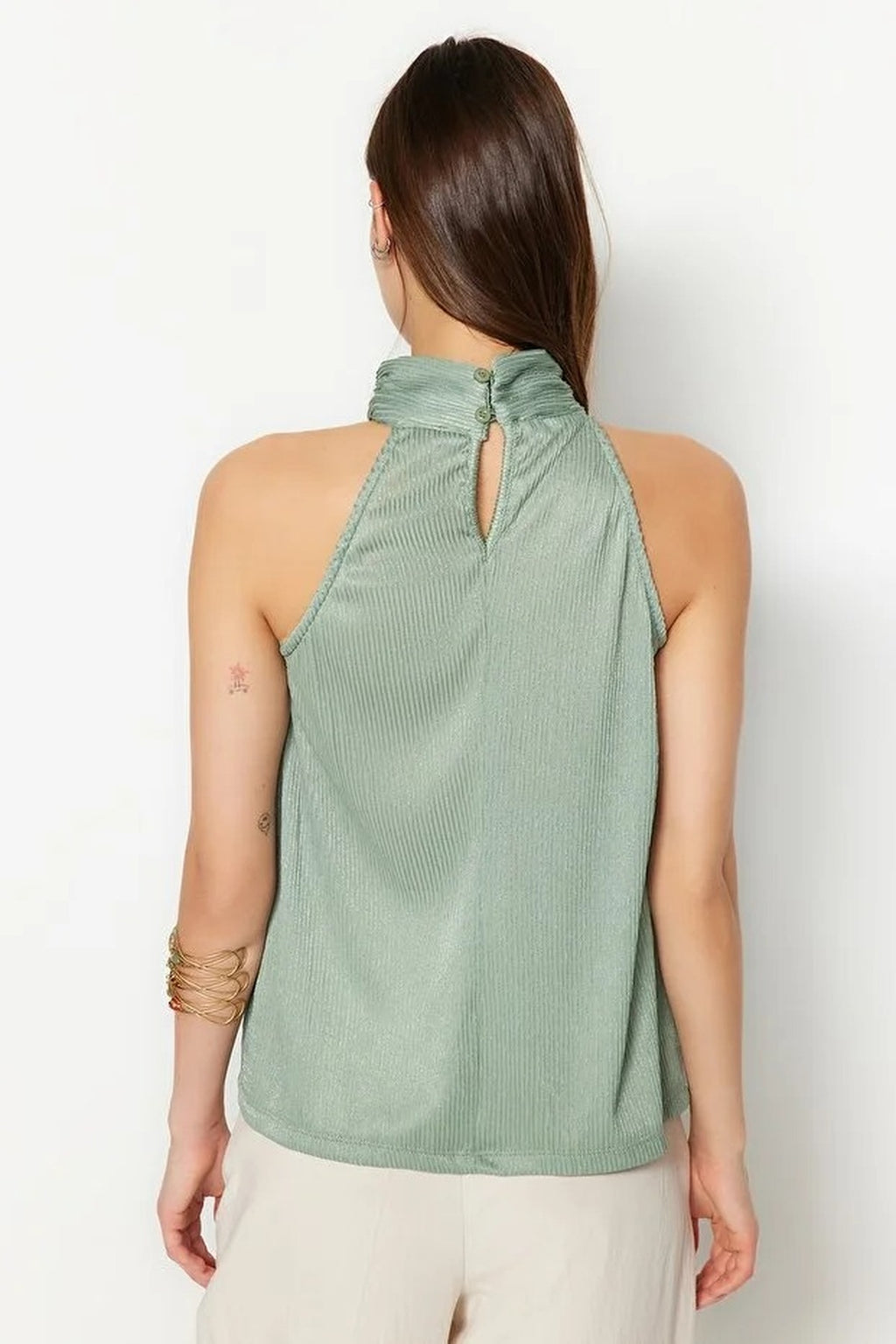 Stand-Up Collar Pleated Stretch Knit Blouse