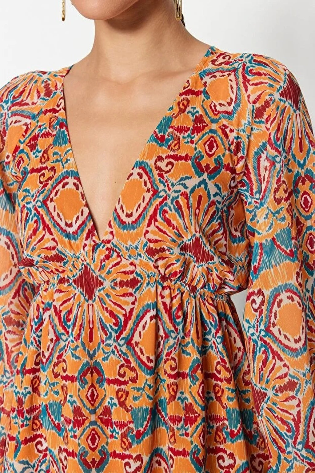 Ethnic Patterned A-Line Chiffon Lined Mini Woven Dress