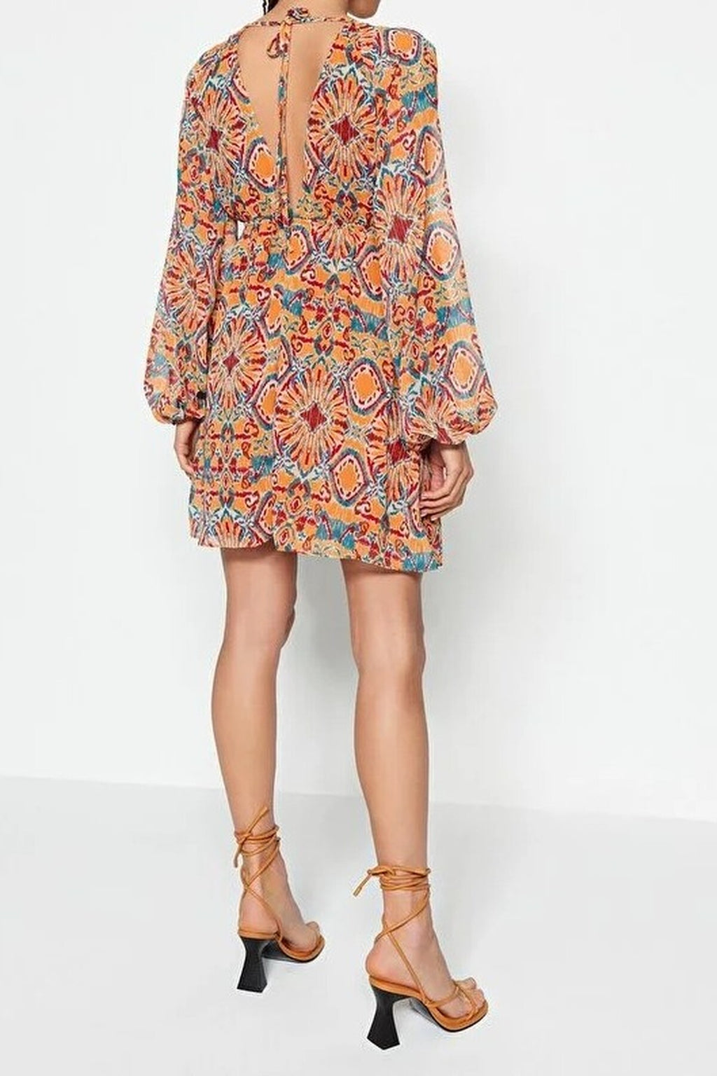 Ethnic Patterned A-Line Chiffon Lined Mini Woven Dress