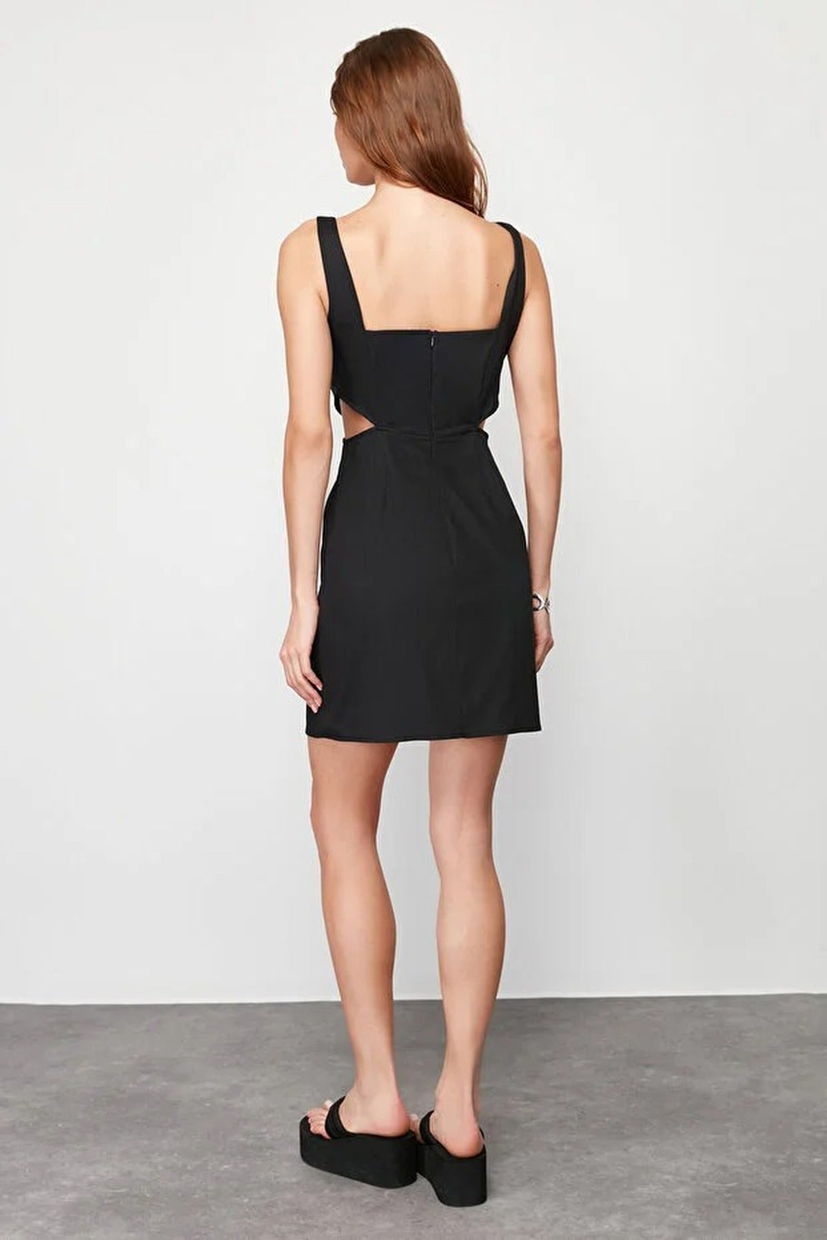 A-Line Mini Cotton Waist Cut-Out Square Neck Lined Woven Dress