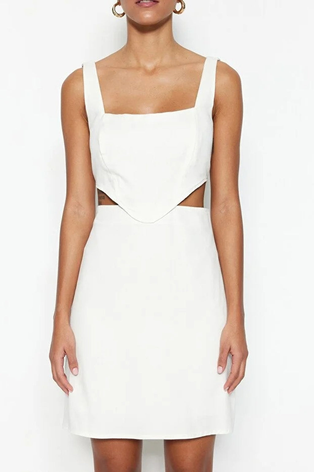 A-Line Mini Cotton Waist Cut-Out Square Neck Lined Woven Dress