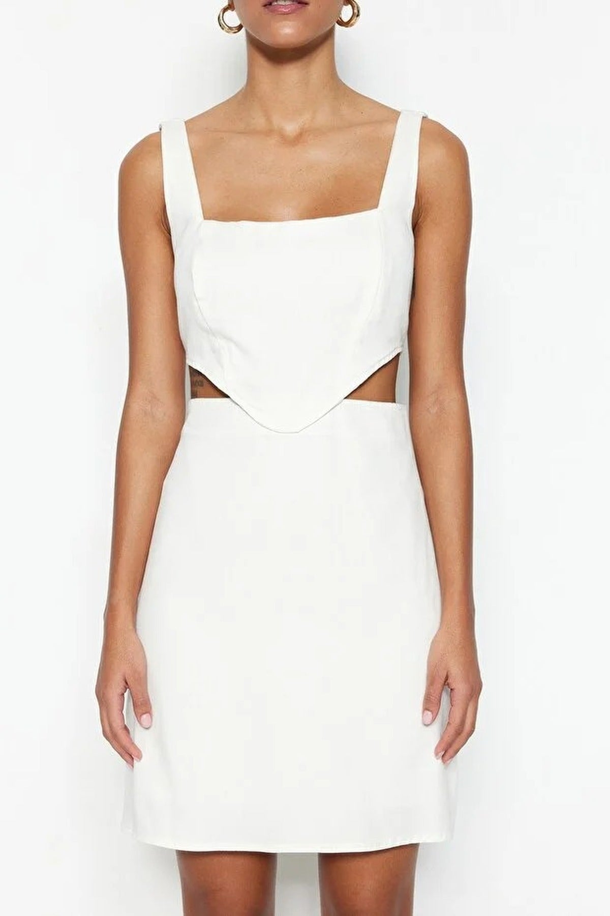 A-Line Mini Cotton Waist Cut-Out Square Neck Lined Woven Dress