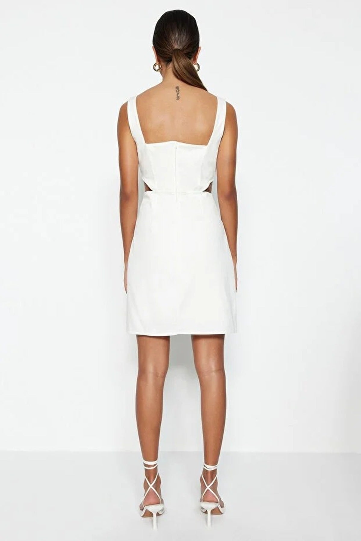 A-Line Mini Cotton Waist Cut-Out Square Neck Lined Woven Dress