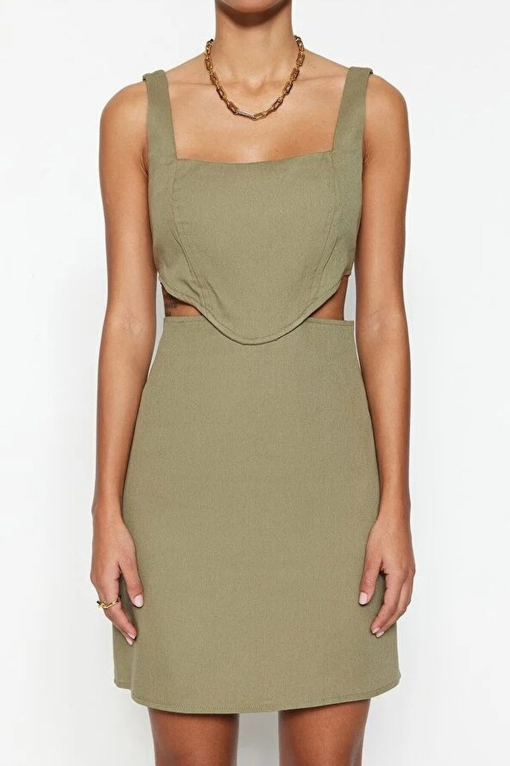 A-Line Mini Cotton Waist Cut-Out Square Neck Lined Woven Dress