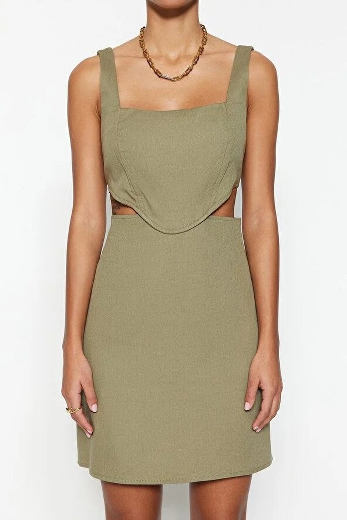 A-Line Mini Cotton Waist Cut-Out Square Neck Lined Woven Dress