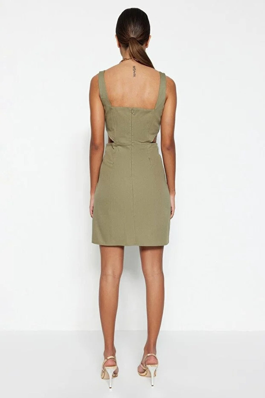 A-Line Mini Cotton Waist Cut-Out Square Neck Lined Woven Dress