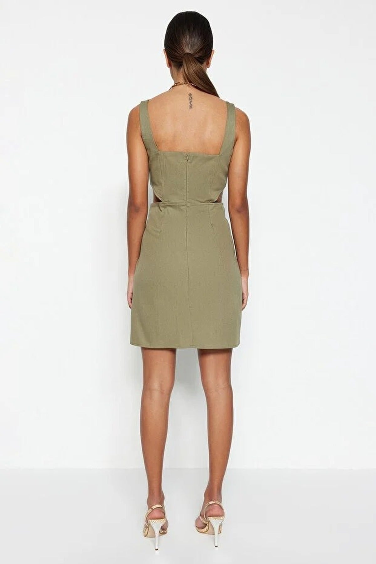 A-Line Mini Cotton Waist Cut-Out Square Neck Lined Woven Dress