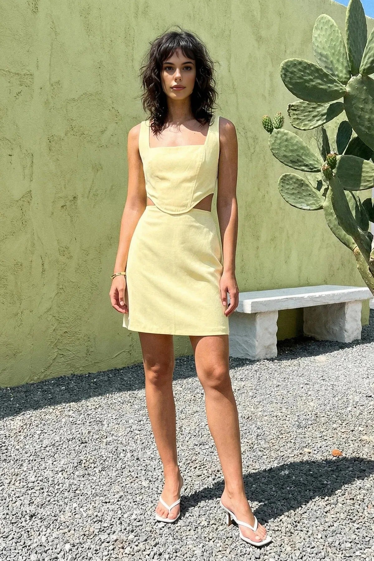 A-Line Mini Cotton Waist Cut-Out Square Neck Lined Woven Dress