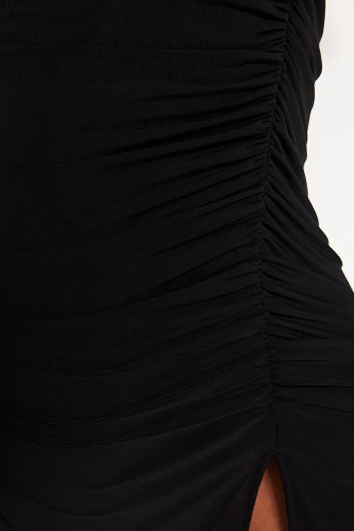 Fitted V Neck Ruched Detail Midi Bodycon Dress