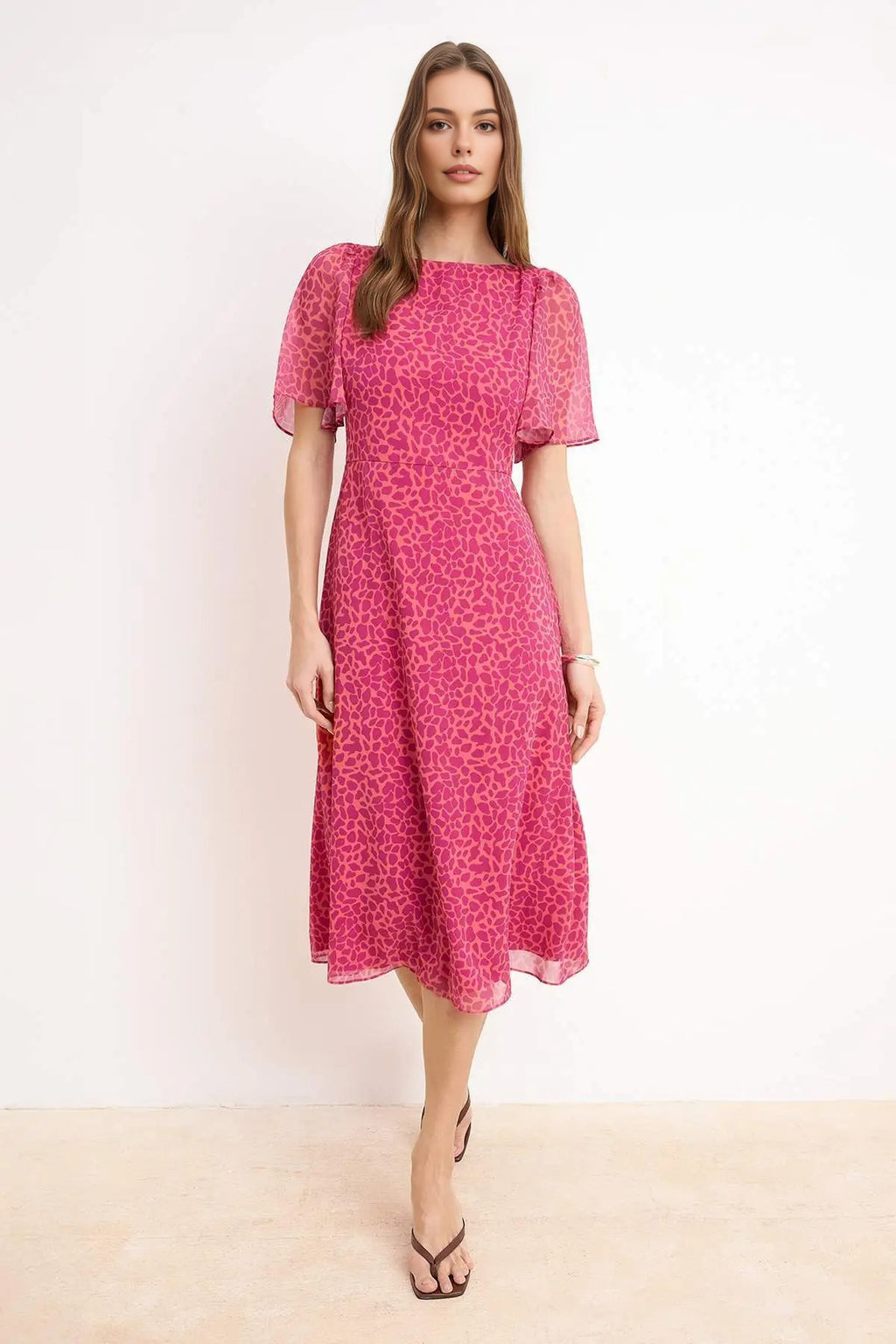 Animal Print A-Line Lined Chiffon Midi Dress