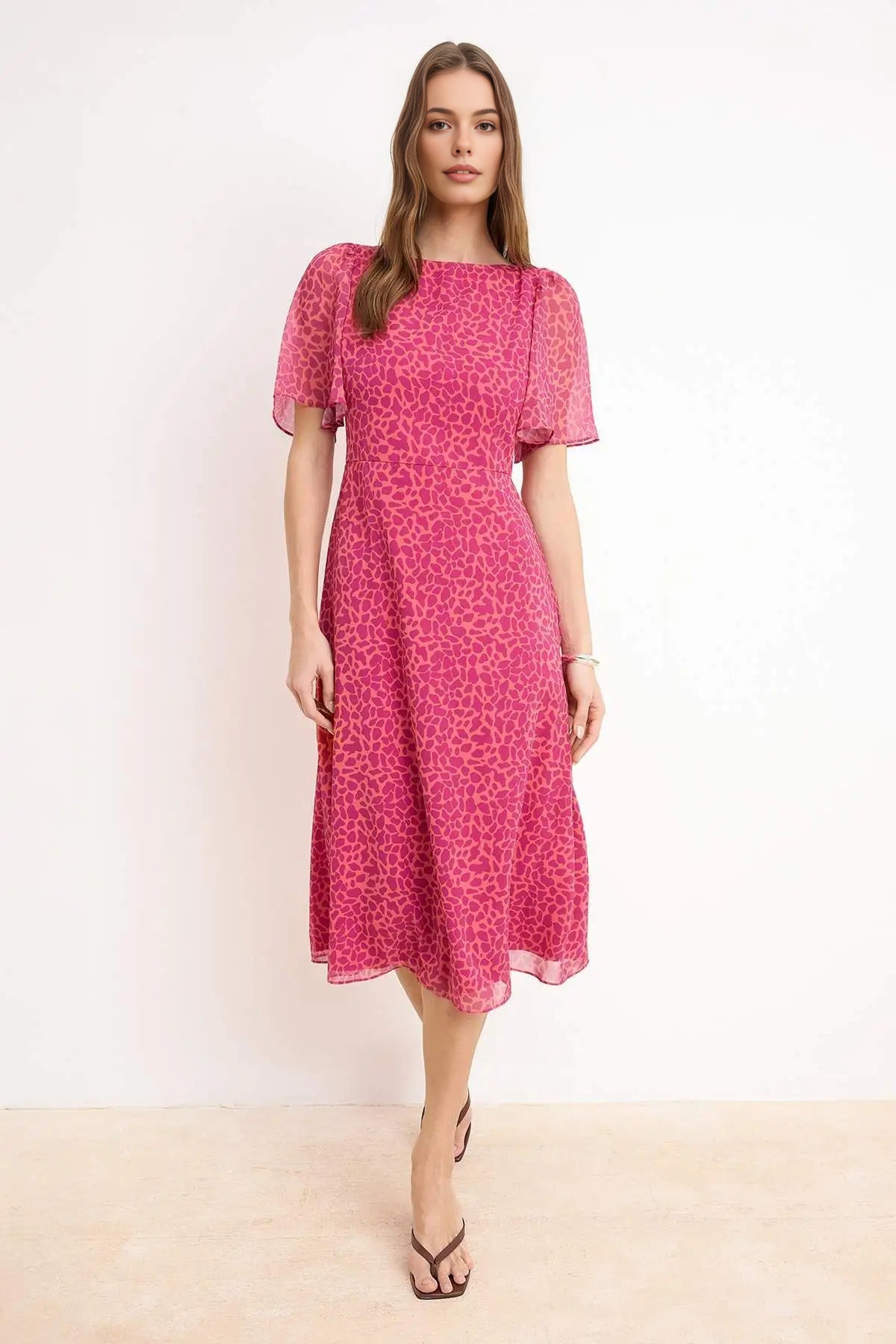 Animal Print A-Line Lined Chiffon Midi Dress