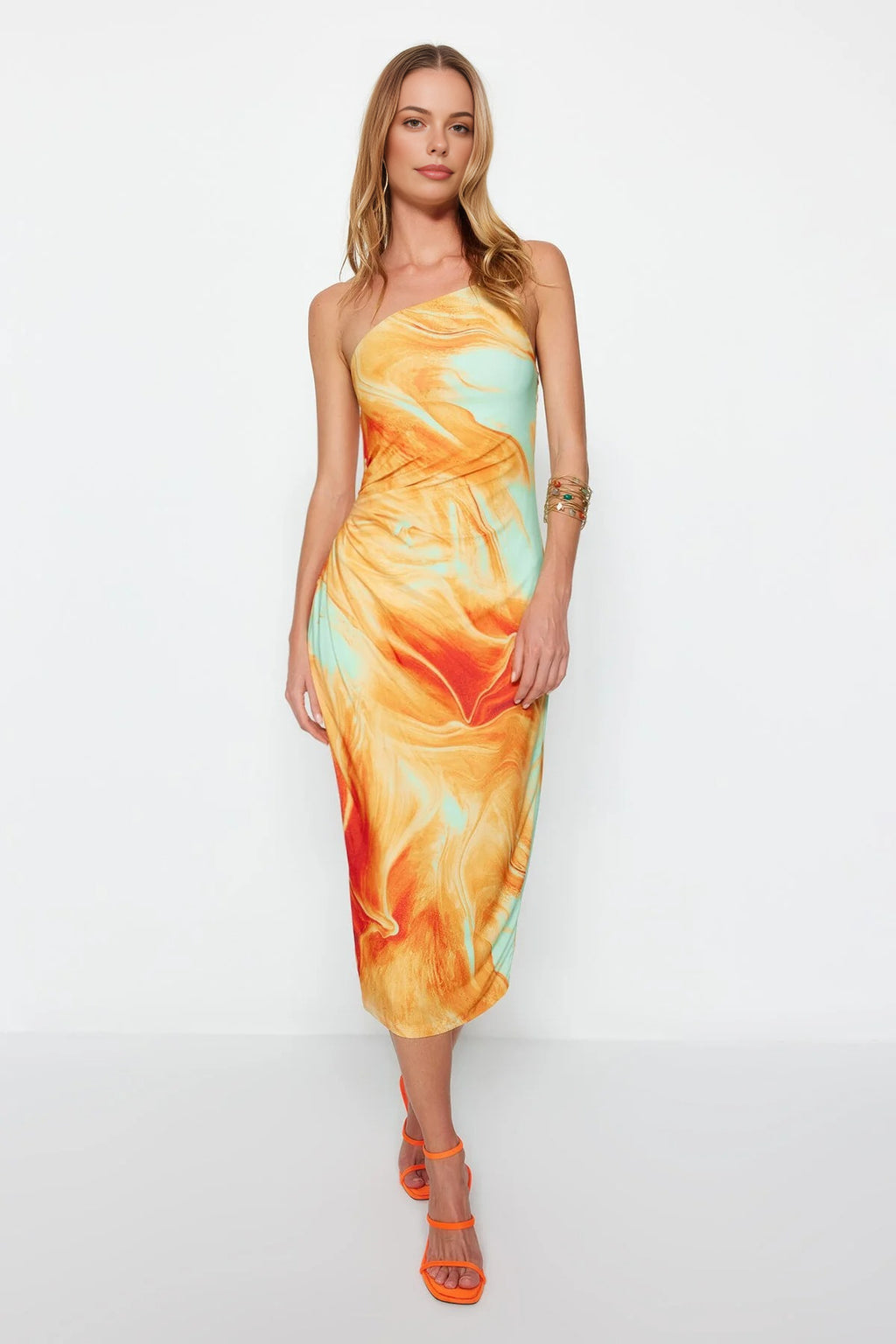 Printed Fitted Long Adjustable Strap Knitted Pencil Dress