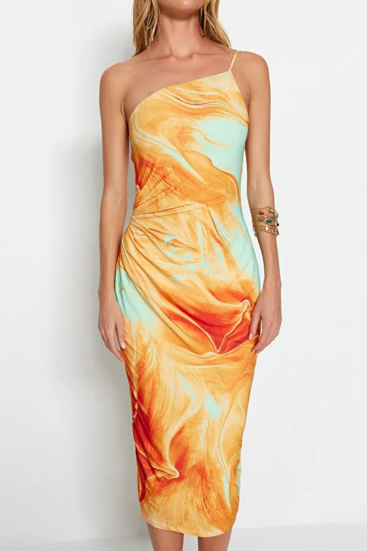 Printed Fitted Long Adjustable Strap Knitted Pencil Dress