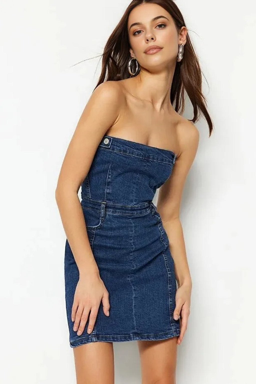 Button Detail Elastic Strapless Mini Denim Dress
