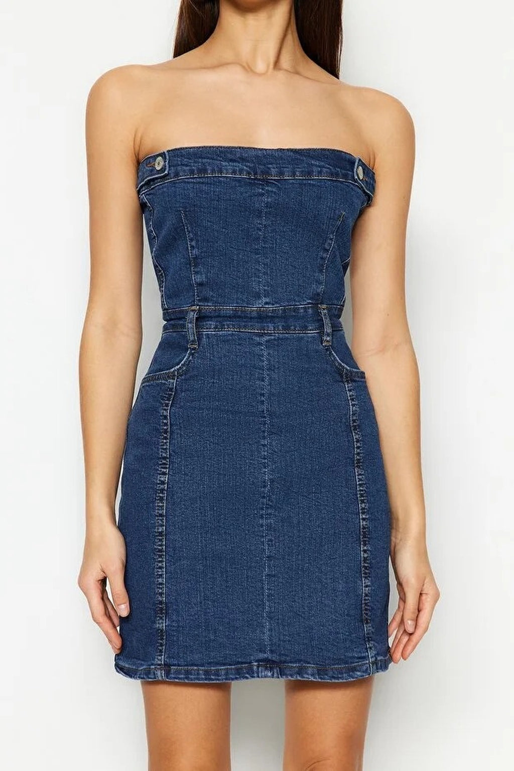 Button Detail Elastic Strapless Mini Denim Dress