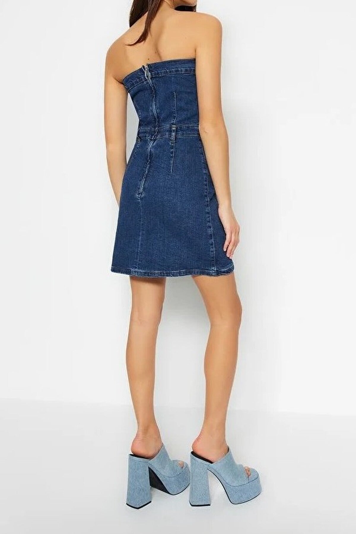 Button Detail Elastic Strapless Mini Denim Dress