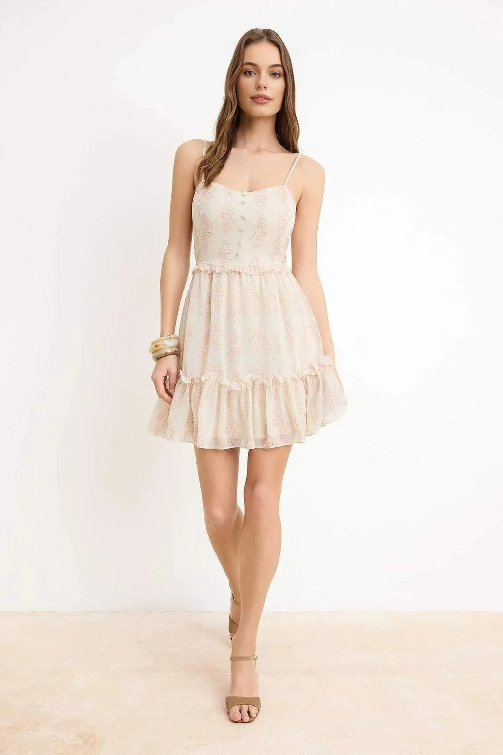 Floral Patterned V-Neck Mini Lined Chiffon Woven Dress