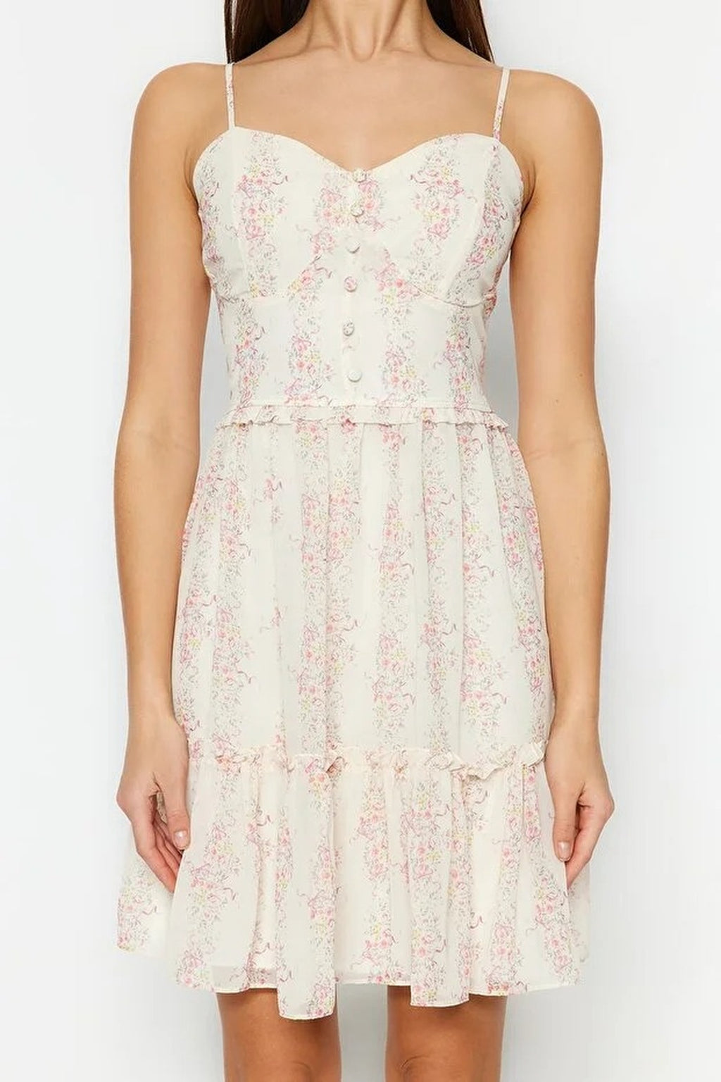 Floral Patterned V-Neck Mini Lined Chiffon Woven Dress