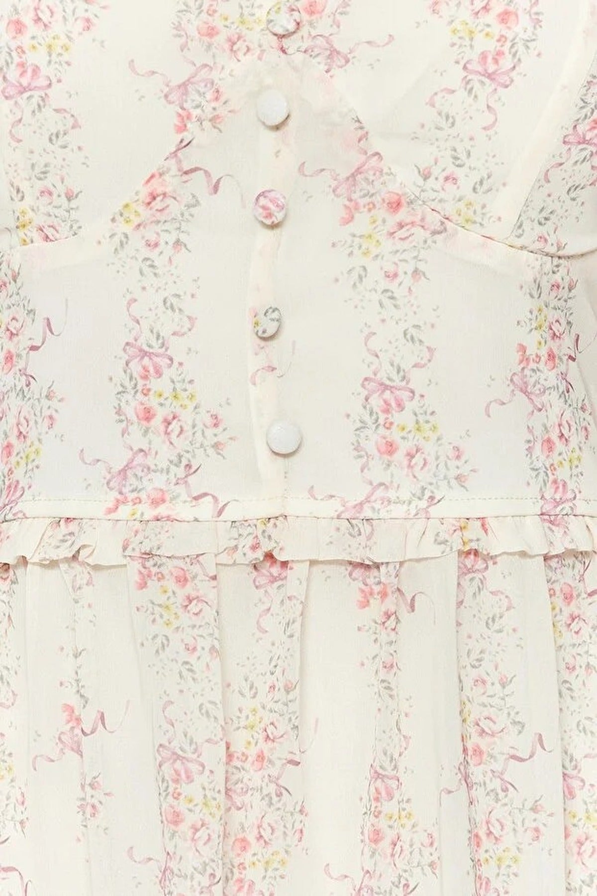 Floral Patterned V-Neck Mini Lined Chiffon Woven Dress