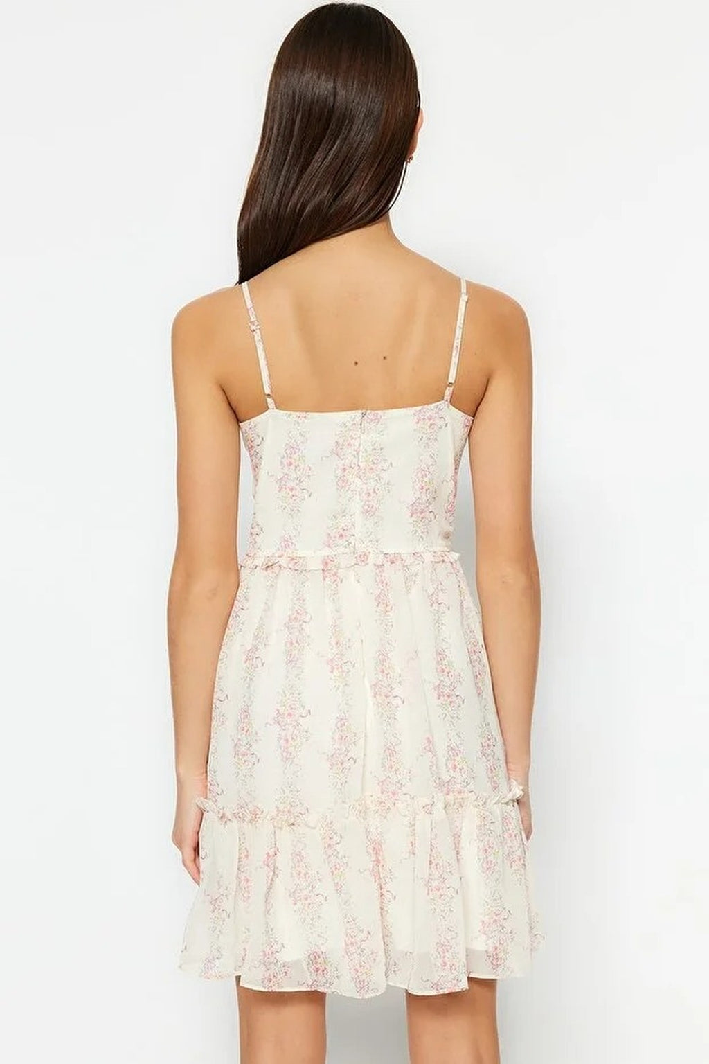 Floral Patterned V-Neck Mini Lined Chiffon Woven Dress