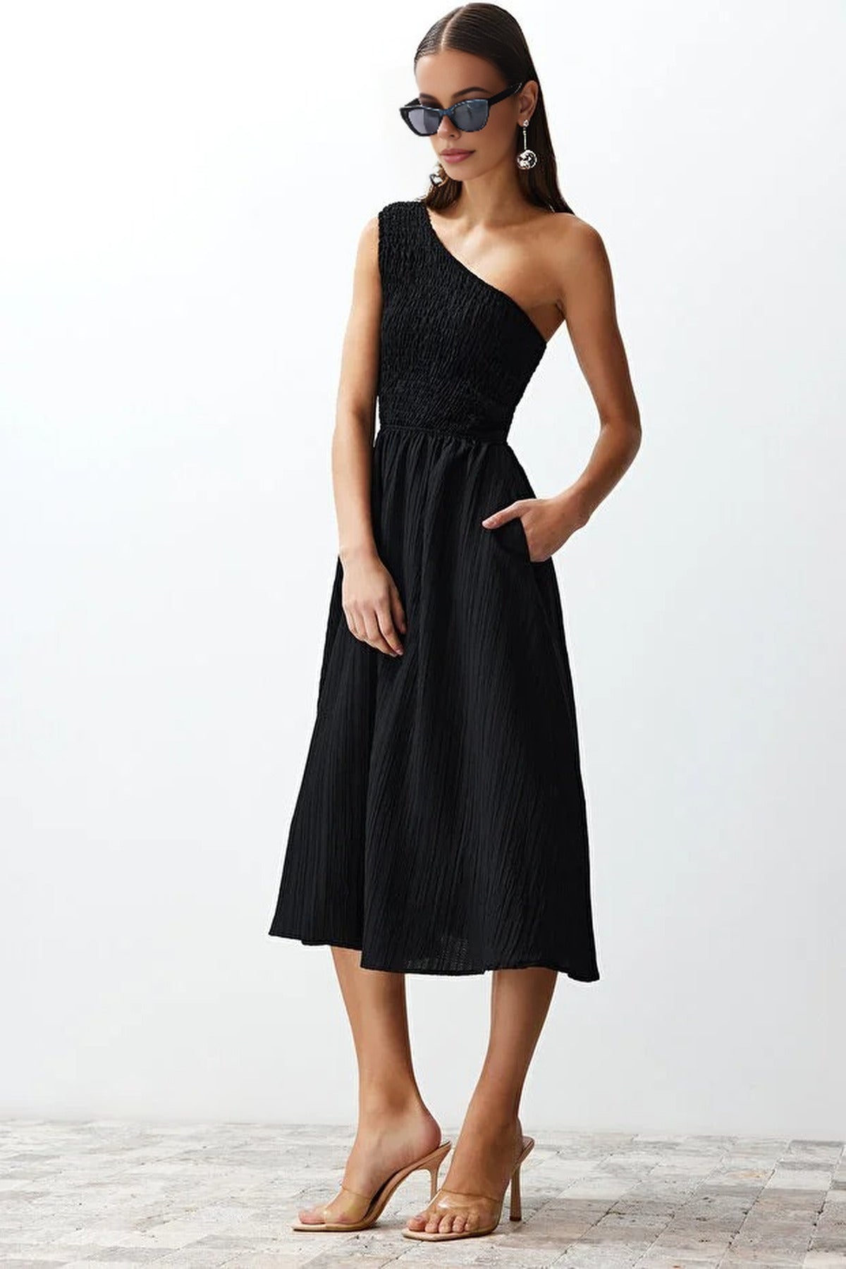 Waist-Leg Embellished One-Shoulder Midi Woven Dress