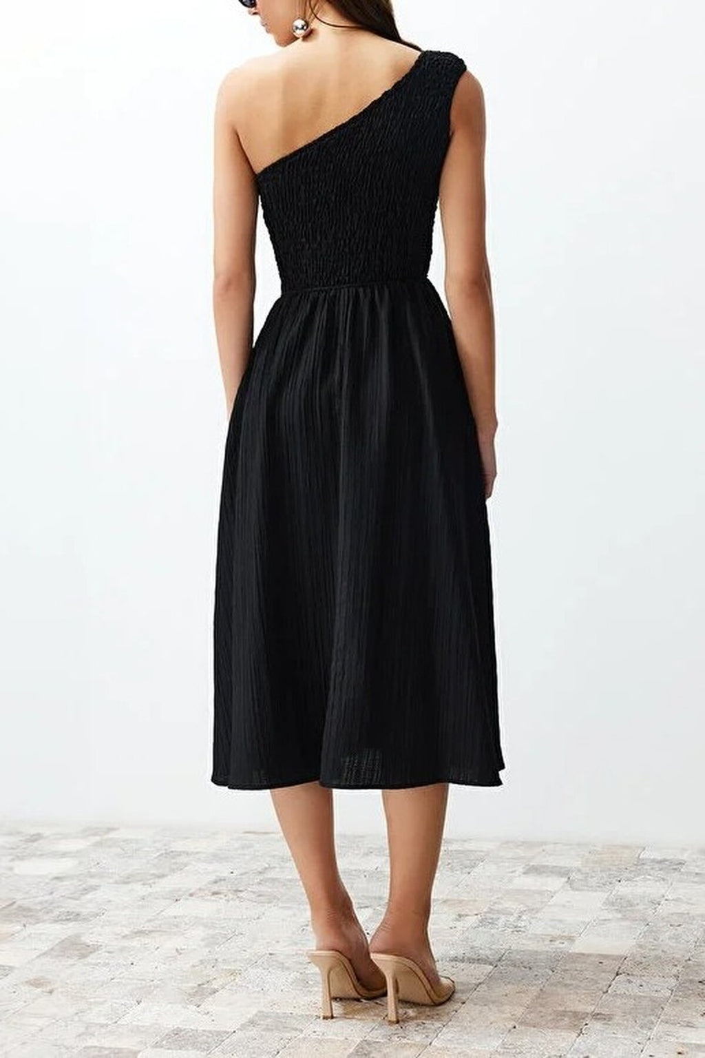 Waist-Leg Embellished One-Shoulder Midi Woven Dress