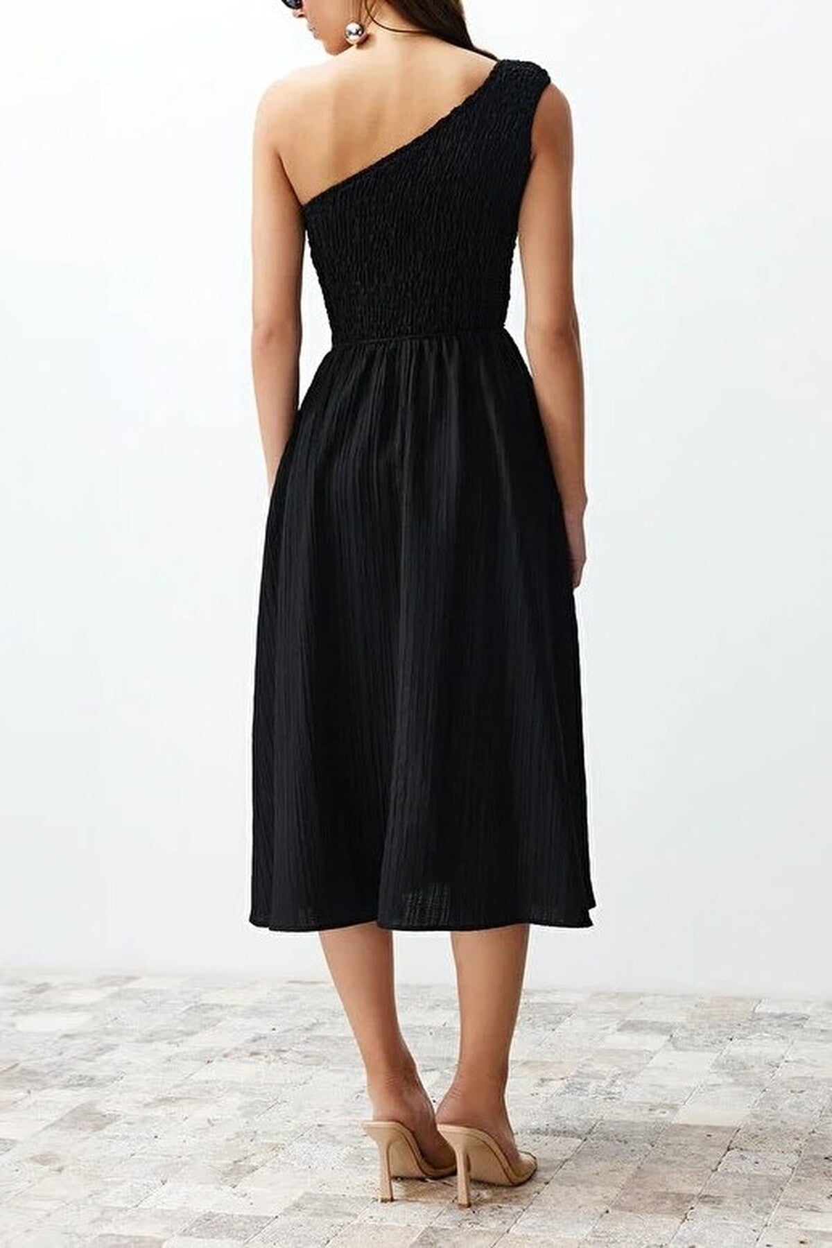 Waist-Leg Embellished One-Shoulder Midi Woven Dress