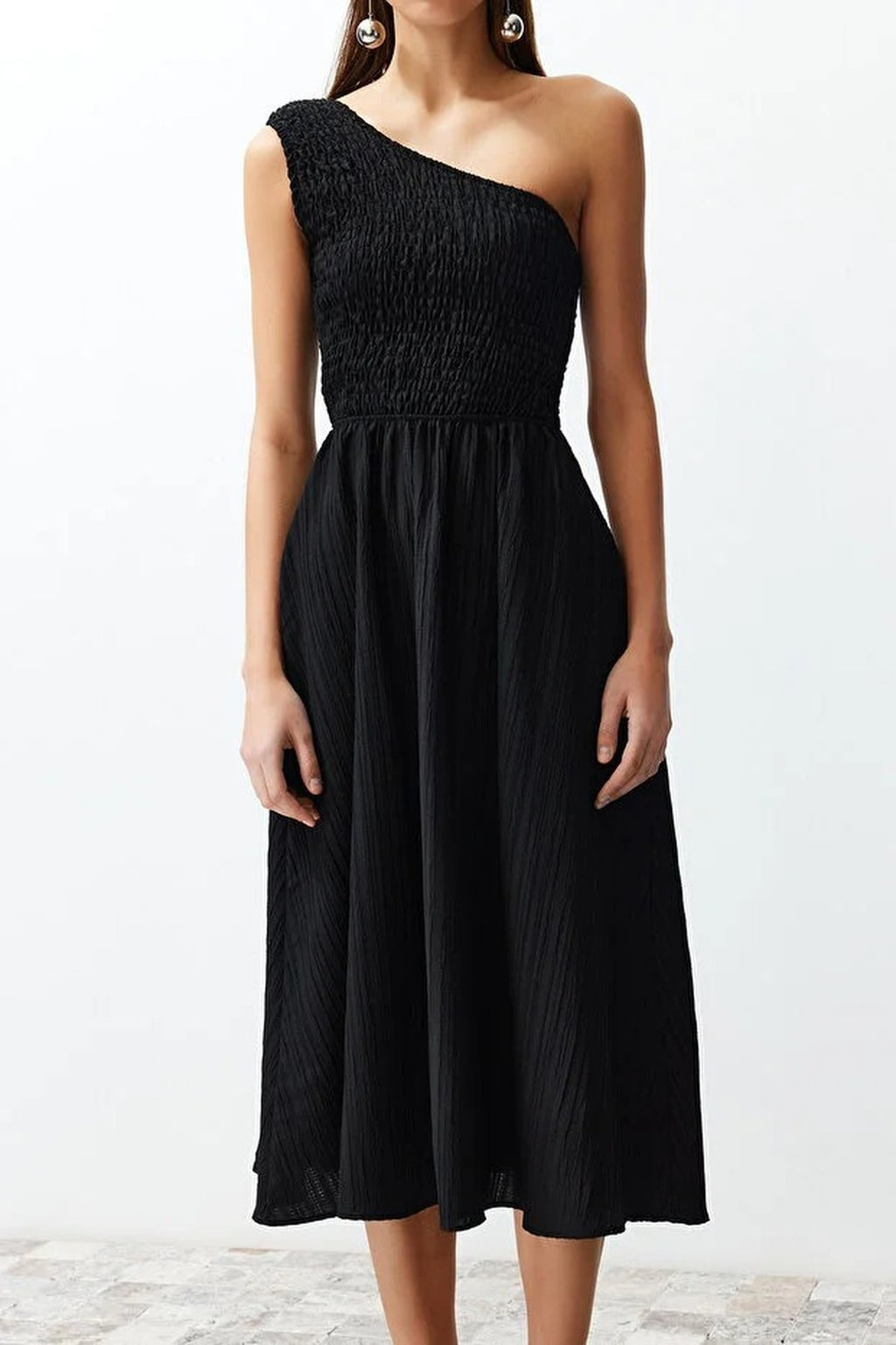 Waist-Leg Embellished One-Shoulder Midi Woven Dress