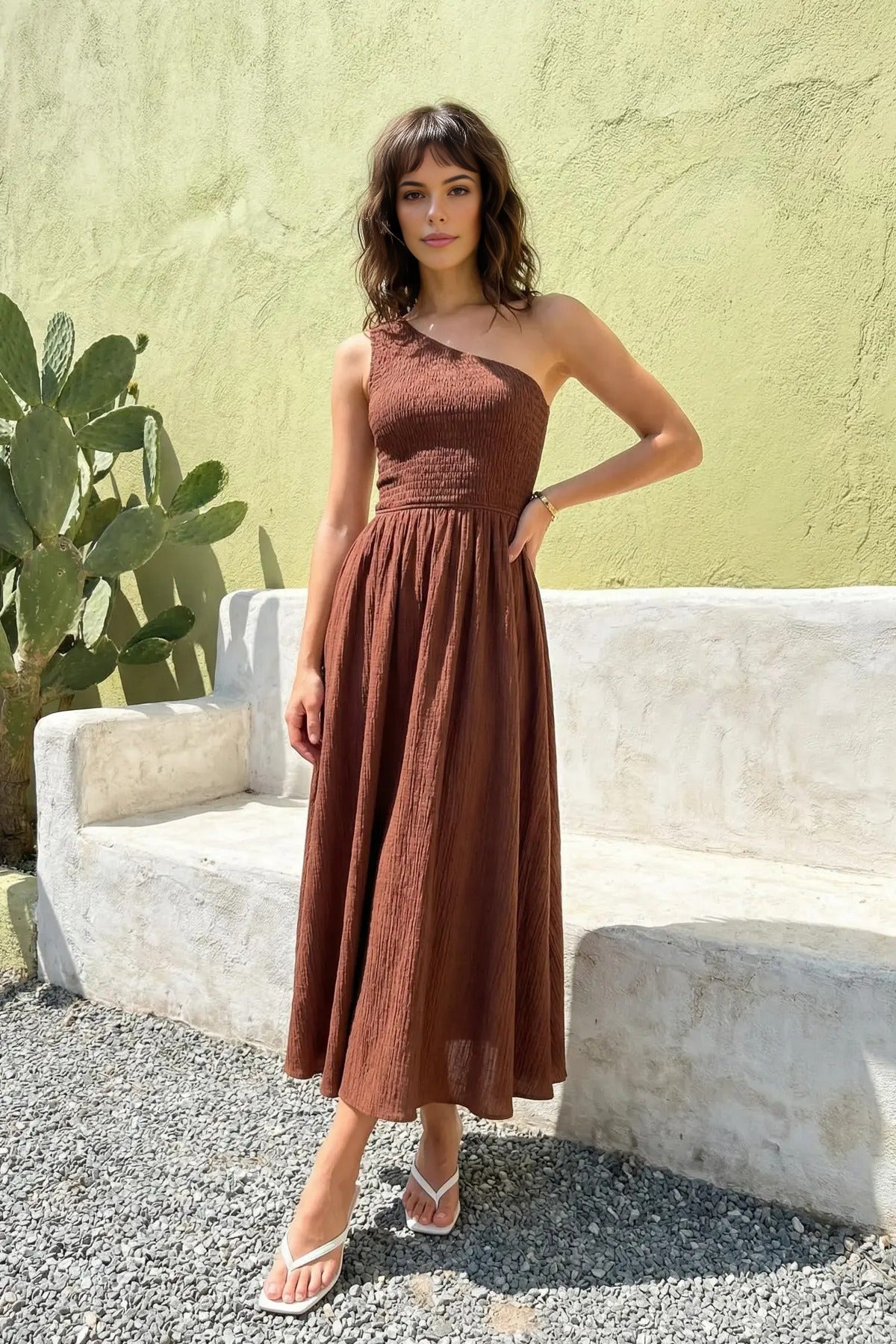 Waist-Leg Embellished One-Shoulder Midi Woven Dress