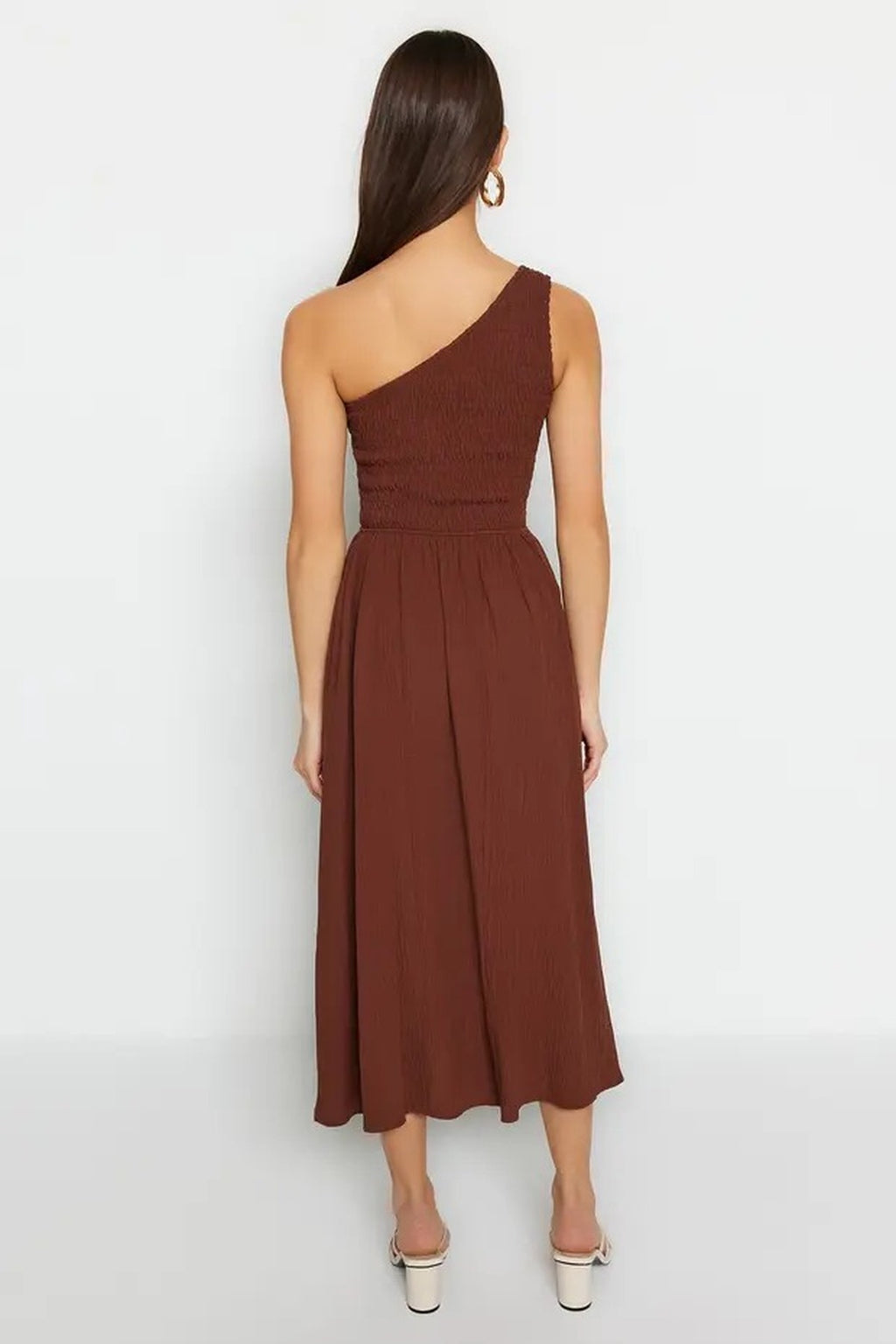 Waist-Leg Embellished One-Shoulder Midi Woven Dress