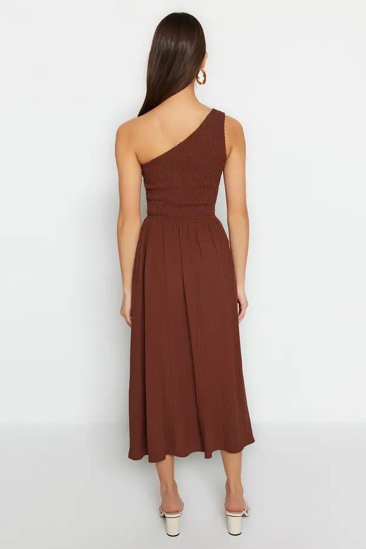 Waist-Leg Embellished One-Shoulder Midi Woven Dress