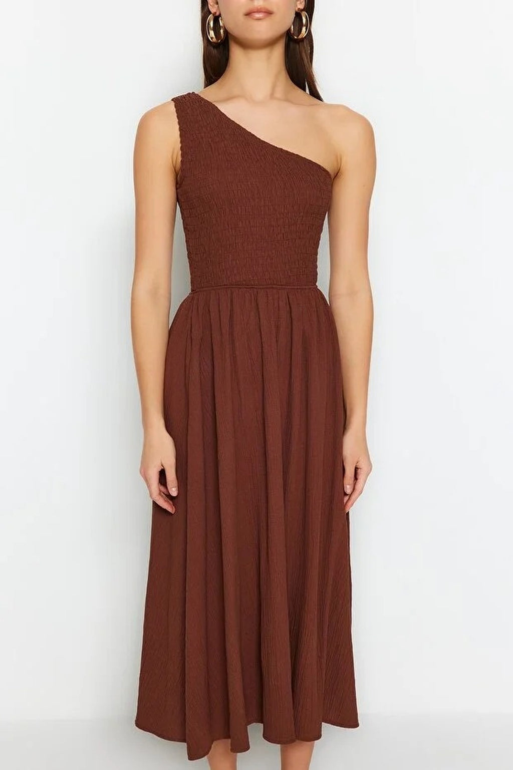 Waist-Leg Embellished One-Shoulder Midi Woven Dress