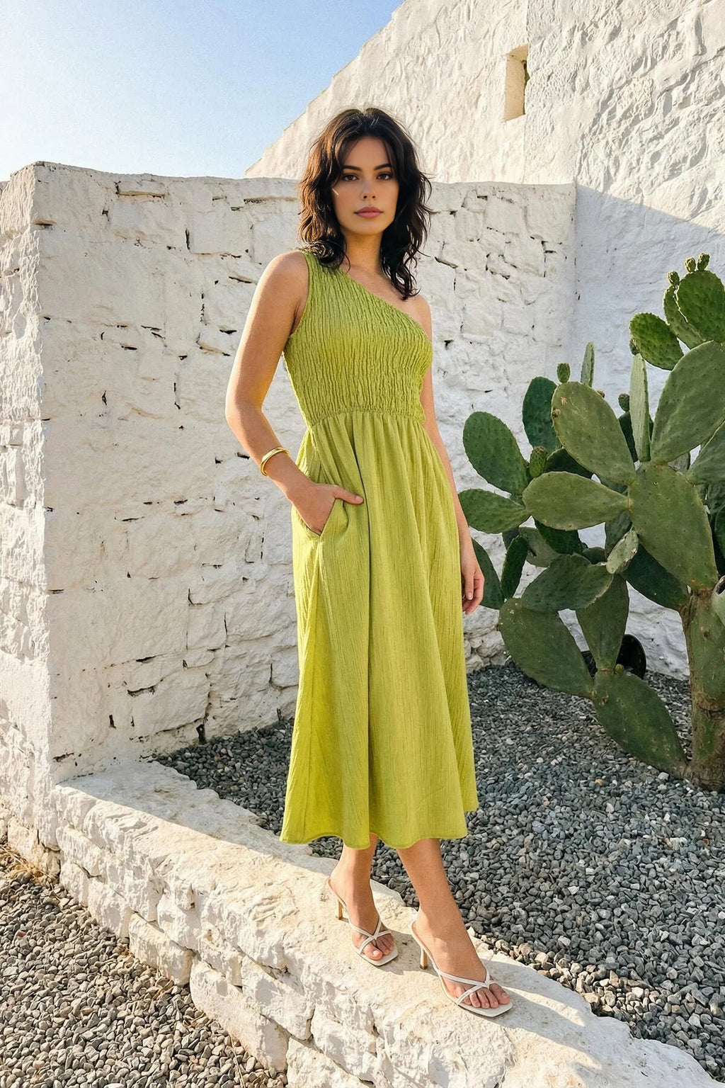 Waist-Leg Embellished One-Shoulder Midi Woven Dress