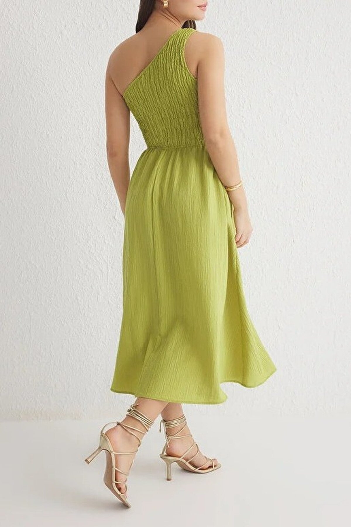Waist-Leg Embellished One-Shoulder Midi Woven Dress
