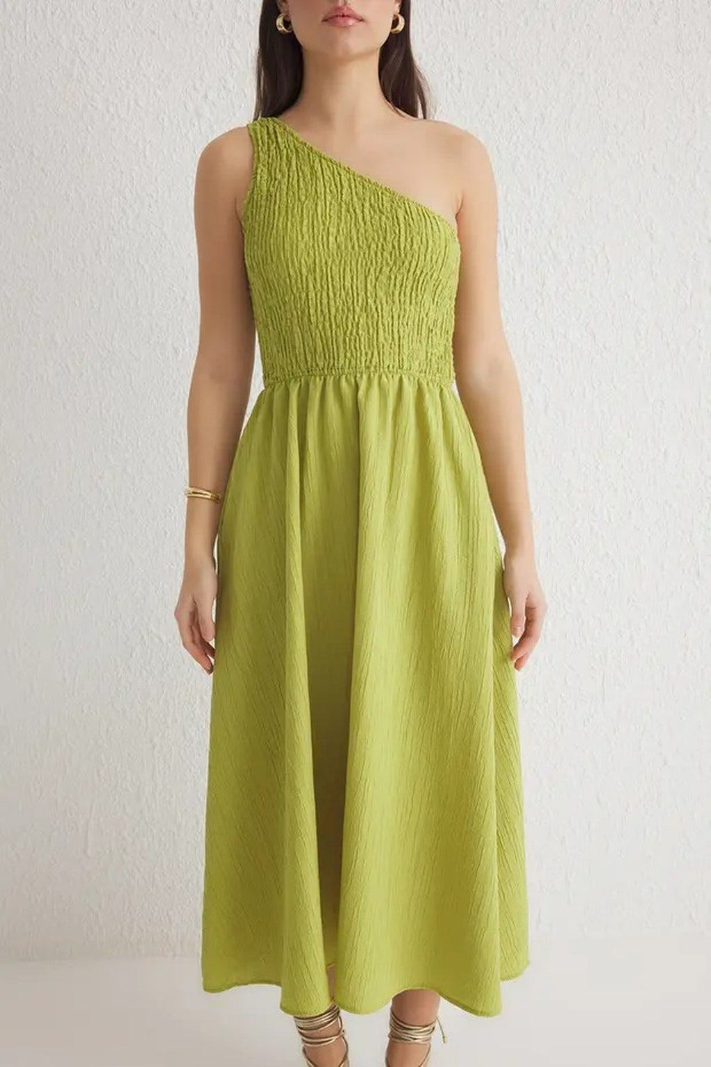 Waist-Leg Embellished One-Shoulder Midi Woven Dress