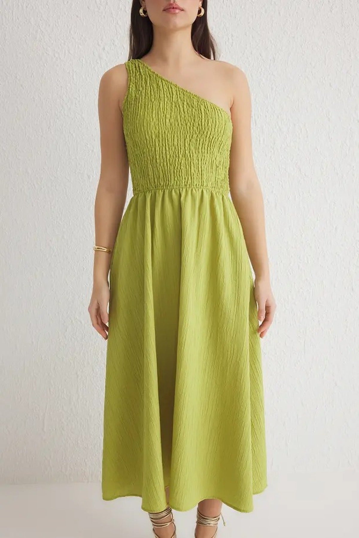 Waist-Leg Embellished One-Shoulder Midi Woven Dress
