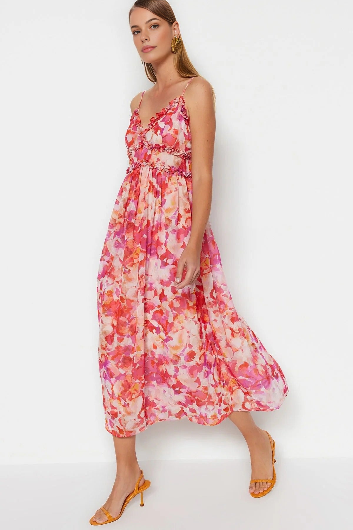 Floral Patterned A-Line Lined Maxi Woven Dress with Ruffle Detail