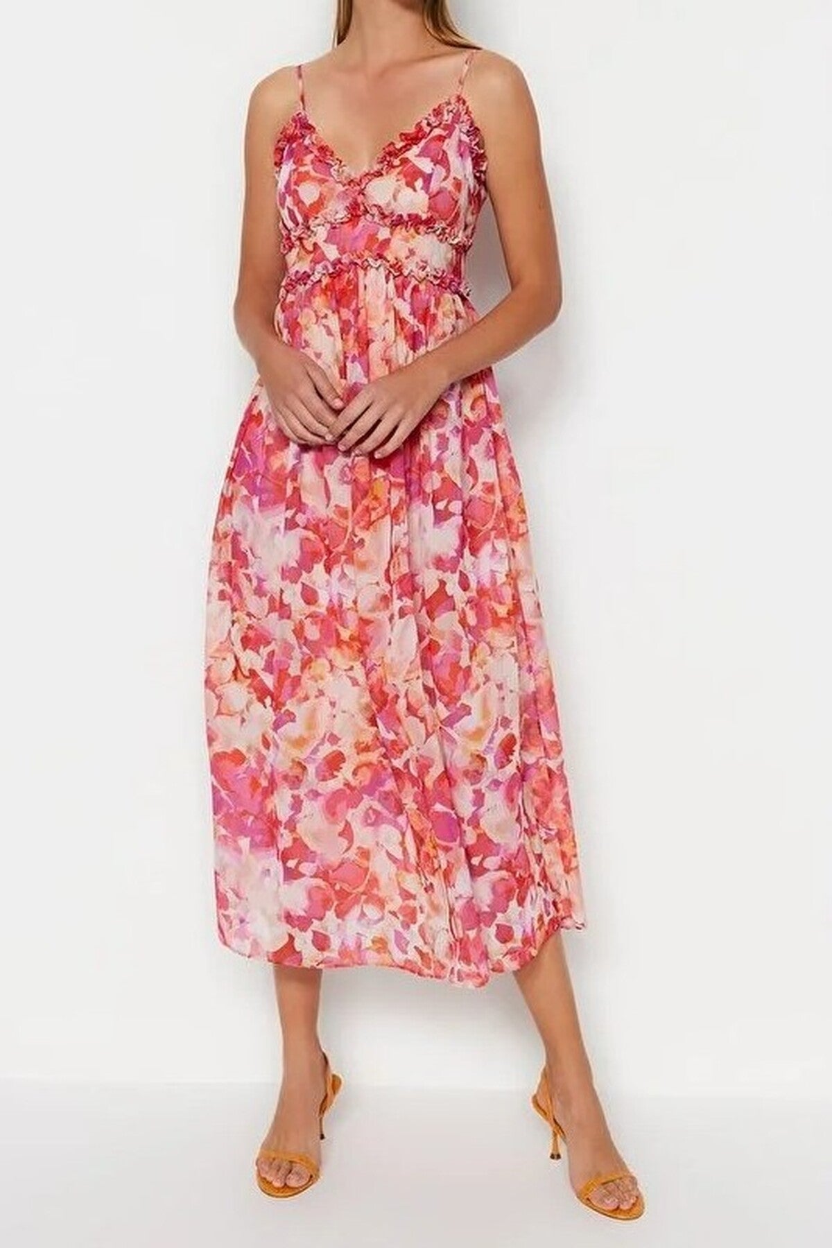 Floral Patterned A-Line Lined Maxi Woven Dress with Ruffle Detail
