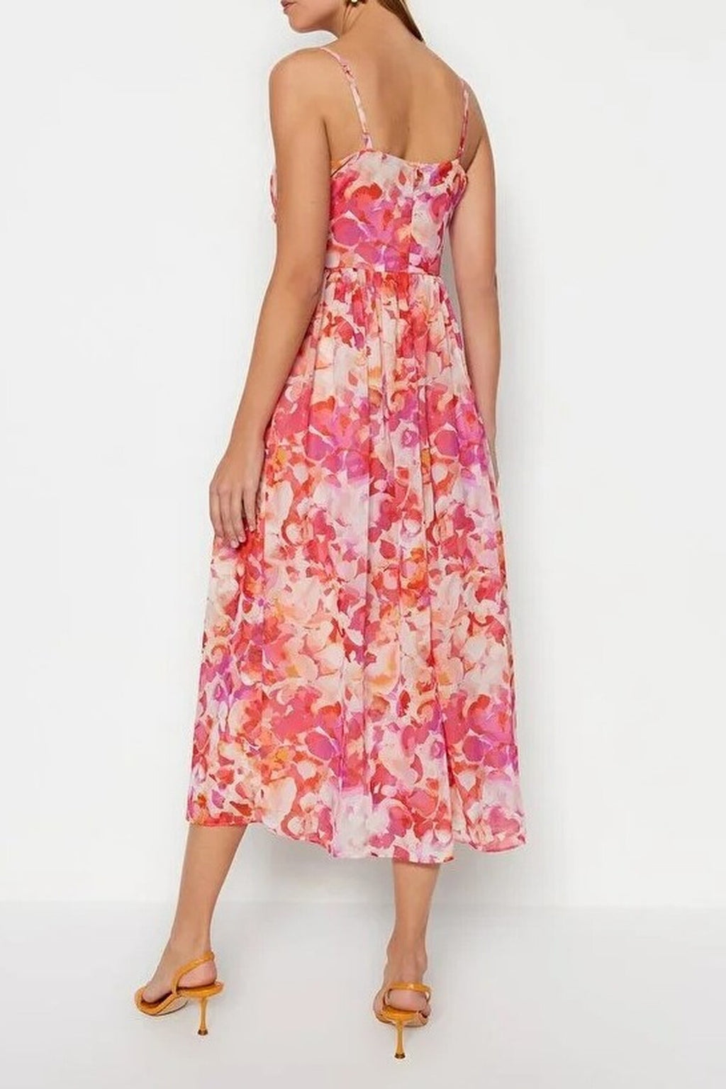Floral Patterned A-Line Lined Maxi Woven Dress with Ruffle Detail